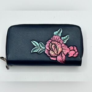 HAWEE Cellphone Wallet Genuine Leather Floral Pockets Black Large Womens